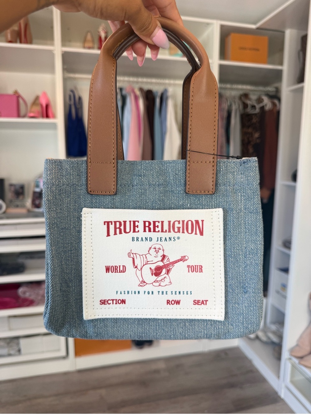 True Religion Blue Denim Mini Bag with Brown Handles